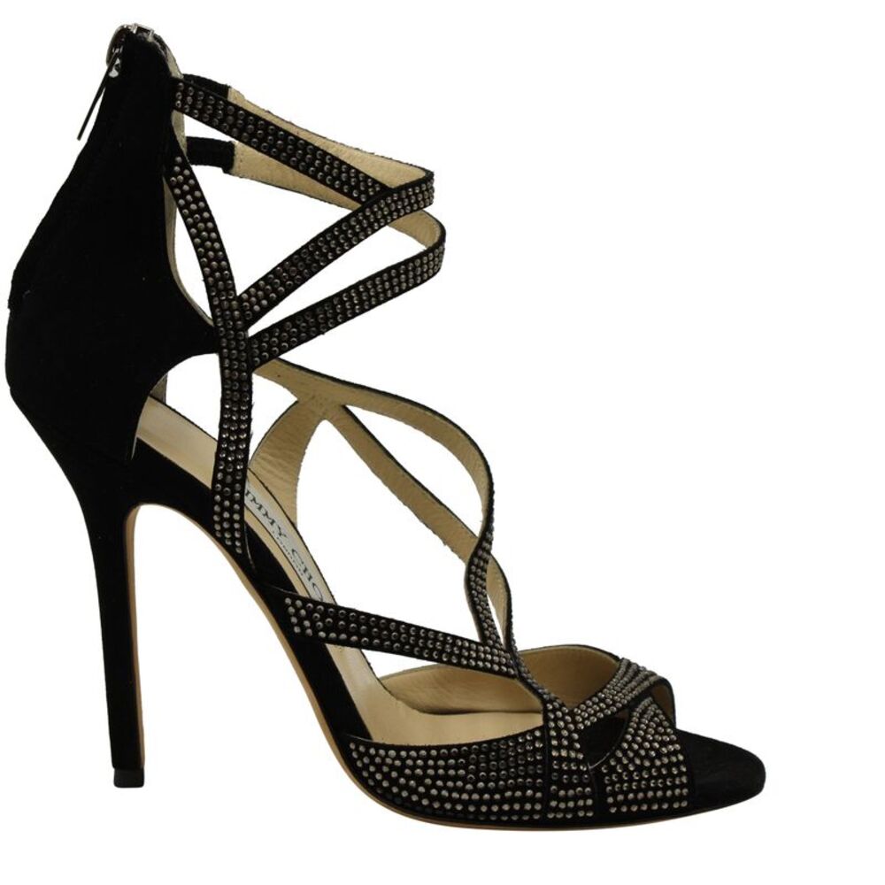 Jimmy Choo Black Dome Diamante Embellished Sandals in Black Suede